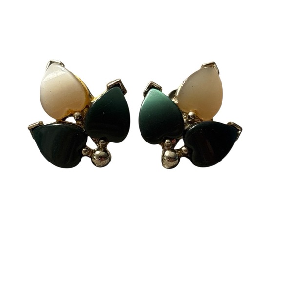 Green & Cream Thermoset Plastic‎ Screw Back Earrings Silver Tone MCM Vintage - Picture 2 of 10